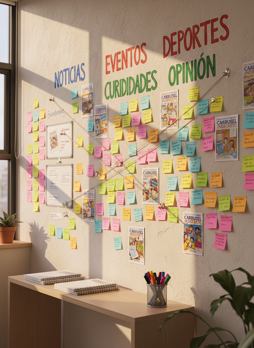 A vibrant editorial planning board for a school newspaper covering an entire wall, featuring color-coded sticky notes, hand-drawn section titles like “Noticias,” “Eventos,” and “Curiosidades,” and printed thumbnails of fictional article covers from “Carrusel Indiscreto.” Thin string and tiny clips connect related stories like a playful mind map. The board sits above a simple, light wood console holding neatly stacked blank notepads and a small metal basket of markers. Warm, indirect afternoon light from the side casts soft, elongated shadows, enhancing texture on the paper and wall. Photographic realism with a slightly wide-angle, eye-level composition, emphasizing the full breadth of the board while keeping the room edges softly out of focus, creating a creative, behind-the-scenes newsroom mood with no people present.