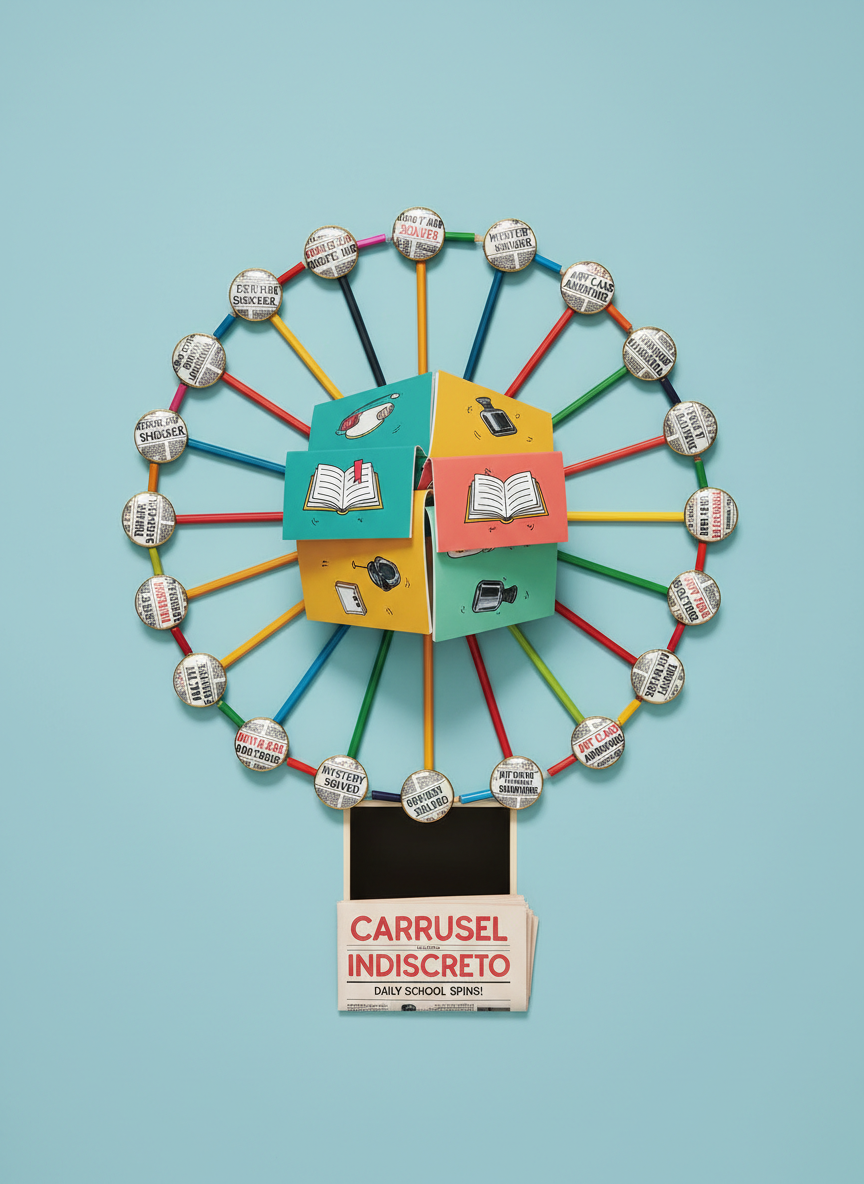 A whimsical, meticulously arranged still life of school objects forming a carousel shape on a matte pastel-blue background to represent “Carrusel Indiscreto.” Colored notebooks curve like carousel horses, sharpened pencils radiate outward as decorative beams, and circular badges with tiny printed headlines serve as the carousel platform. A folded mock newspaper with bold, playful masthead sits at the base as the “ticket booth.” Overhead studio lighting creates even, bright illumination with soft, clean shadows that add depth without clutter. Photographic realism with a centered, top-down composition, sharp detail on every object, and vibrant, saturated colors, evoking a playful, imaginative atmosphere that symbolizes the spinning variety of school news and curiosities, entirely free of human figures.