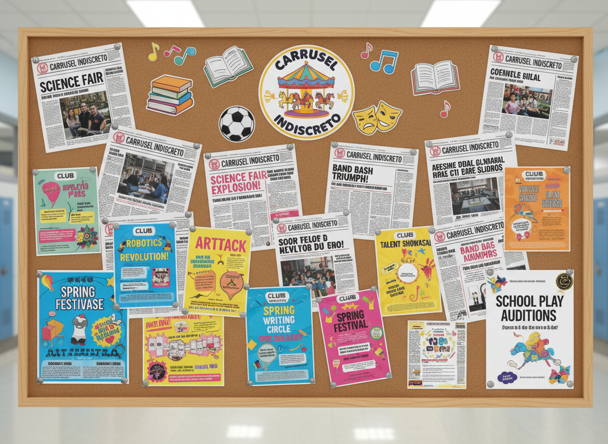 A tidy school corridor bulletin board covered with neatly pinned newspaper pages, club announcements, and event posters from “Carrusel Indiscreto,” each printed in vivid colors and playful fonts. A bright, illustrated carousel logo is centered at the top of the board, surrounded by small paper cut-out icons of books, footballs, music notes, and theater masks. The corkboard is mounted on a pale pastel wall with a polished tile floor reflecting subtle highlights below. Overhead fluorescent classroom lighting casts even, diffused illumination, producing soft, minimal shadows. Photographic realism, captured at eye level with a mild depth of field that keeps the board sharp and the hallway slightly blurred, conveying a dynamic, school-spirited atmosphere, fun and informative without any visible people.