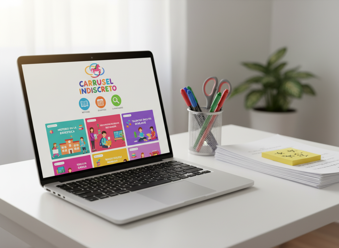 A close-up of an open laptop on a clean, white study table displaying the homepage mockup of “Carrusel Indiscreto,” with colorful article cards, a carousel-themed logo, and playful icons representing news, events, and curiosities of school life. Beside the laptop sit a stack of freshly printed pages, a bright yellow sticky note with doodled stars, and a transparent pen holder filled with multicolored pens and scissors. Soft, diffused daylight from a nearby window creates a calm glow, with gentle reflections on the laptop screen and keyboard. Photographic realism, captured from a three-quarter, slightly elevated angle, with shallow depth of field that keeps the laptop and stationery in crisp focus while softly blurring the minimalist background, giving an energetic yet organized digital newsroom vibe without including any people.