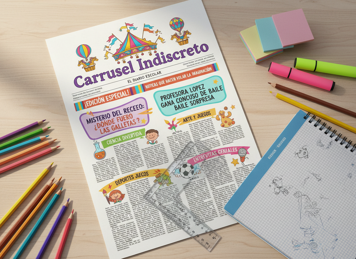 A colorful school newspaper front page laid out on a light wooden desk, featuring playful headlines, bright section banners, and a large, whimsical carousel illustration as the masthead for “Carrusel Indiscreto.” Around the newspaper lie scattered colored pencils, highlighters, sticky notes, and a well-used spiral notebook, all neatly arranged. Soft morning daylight from an unseen classroom window washes across the scene, creating gentle shadows and subtle reflections on a clear plastic ruler. Photographic realism with vibrant, saturated colors, shot from a slightly elevated angle with sharp focus across the entire frame, creating an energetic yet organized atmosphere that feels like the creative hub of a school newsroom, lively and inviting but free of any human presence.